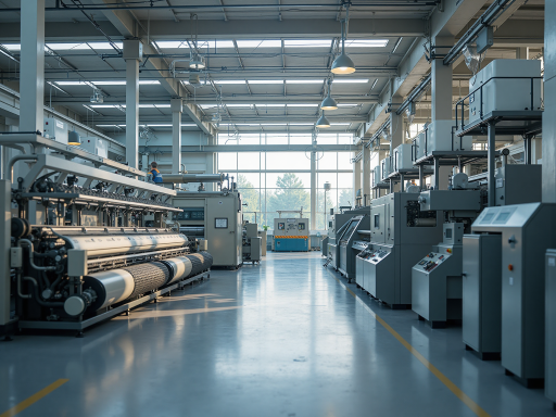 现代化棉纺生产车间内部,自动化设备运行中,工人操作机器,体现先进生产工艺